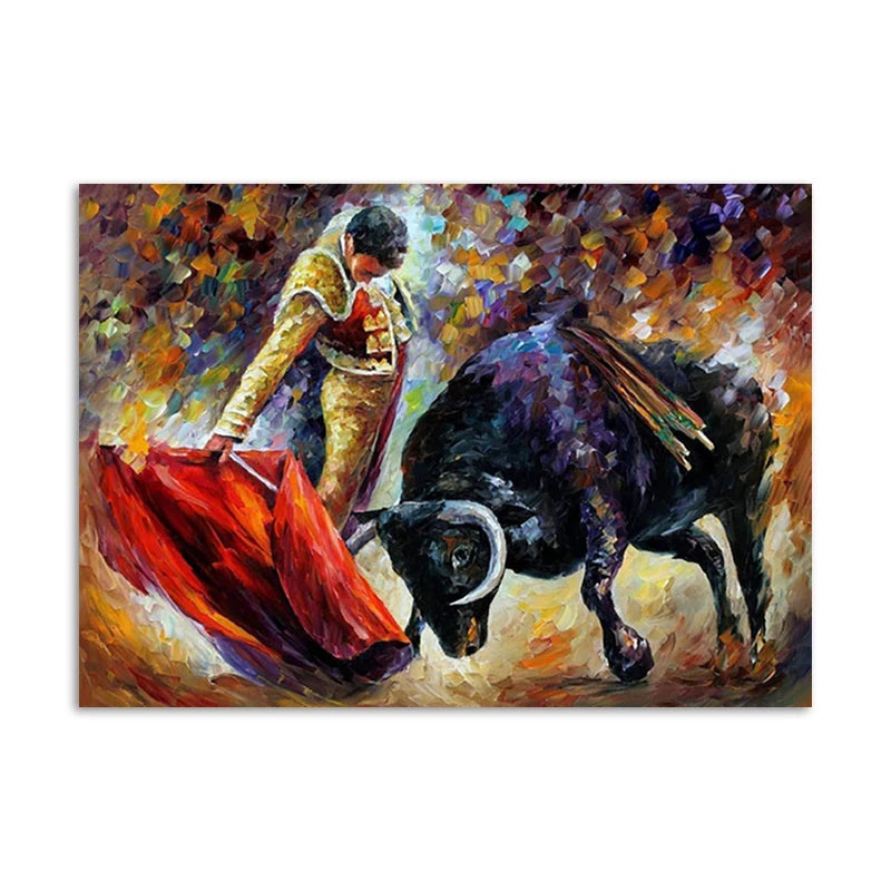 Classic Spanish Bullfighter Oil Painting Wild Black Bull Poster Running Bullfight Canvas Painting For Home Wall Decor Prints