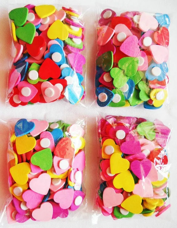 100PCS/LOT.Wood heart star flower stickers Early learning educational toy for children Wall decal Kindergarten crafts creative