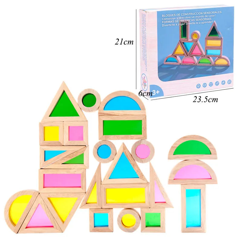 Montessori Transparent Shape Blocks Wooden Toys Rainbow Acrylic Color Cognitive Sensory Building Game Educational Toys For Kids
