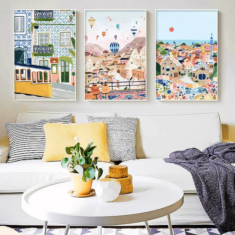 Wall Art Canvas Landscape Poster Painting Retro Travel Famous Cities Spain Turkey Italy Picture Print Living Room Home Decor