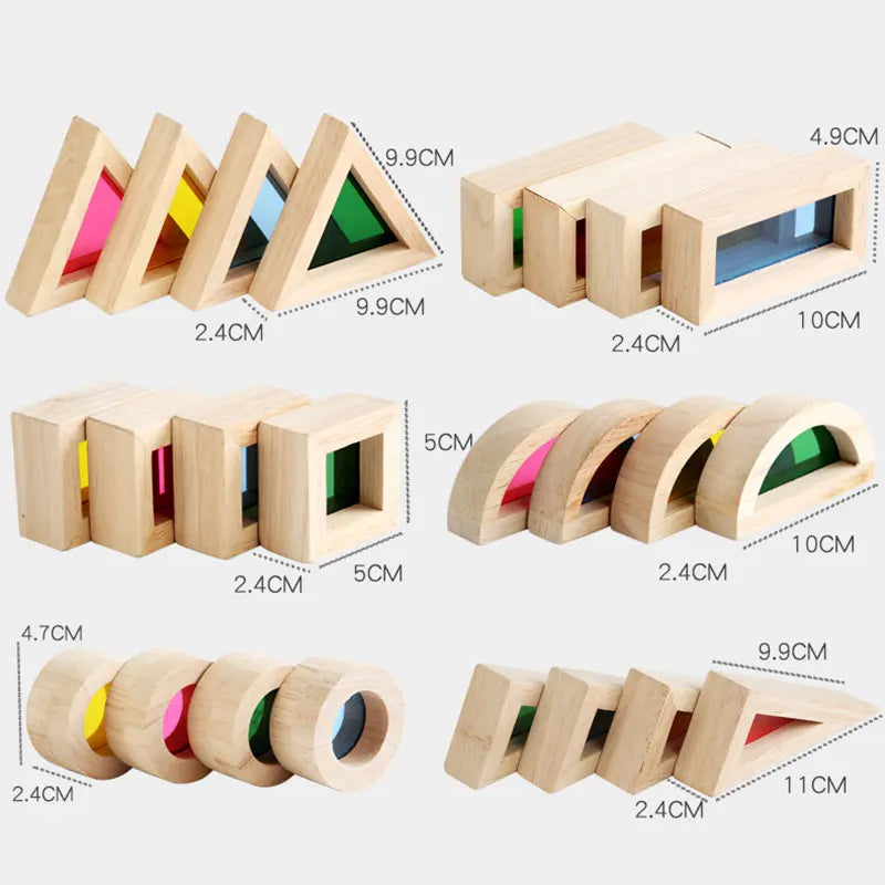 Montessori Transparent Shape Blocks Wooden Toys Rainbow Acrylic Color Cognitive Sensory Building Game Educational Toys For Kids