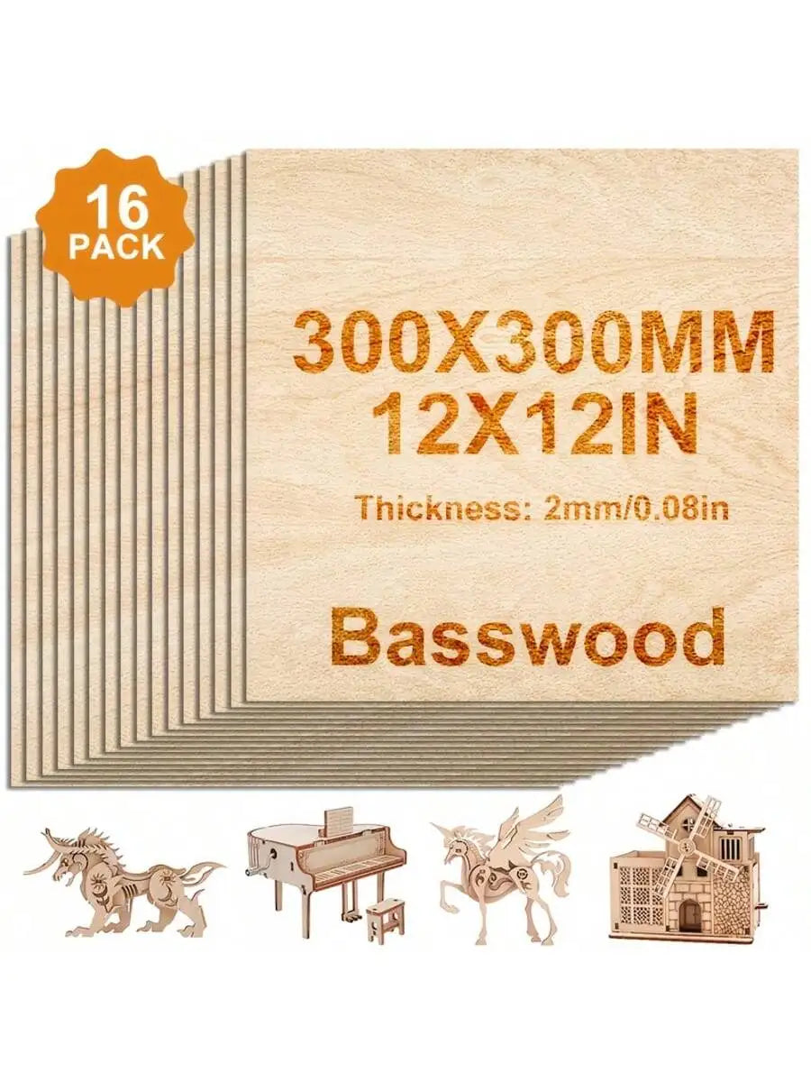 4/8/16/32pieces of unfinished basswood plywood, 12x12 inches, 2mm thick, for DIY crafts, laser engraving, wood burning, model bu