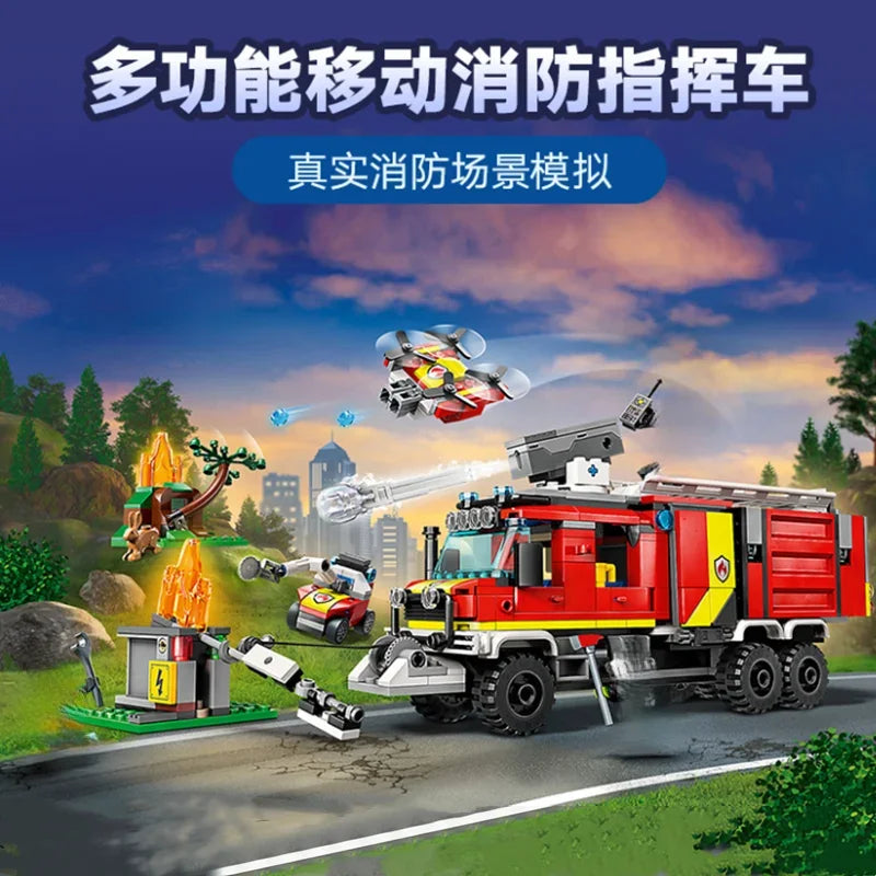 2025 new city series model fire command rescue fire truck mobile vehicle moc drone building block brick boy toy children's gift