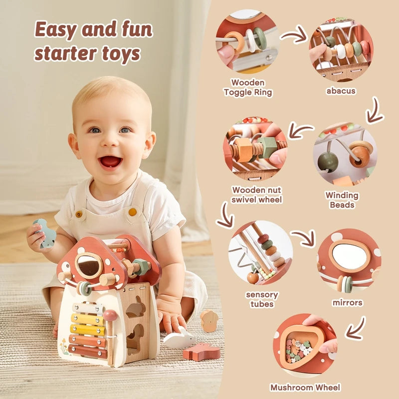 Custom Montessori Mushroom House Toy Wooden Percussion Music Toy Unlock/Place/Shape Match Game Finger Sensory Education Kid Gift