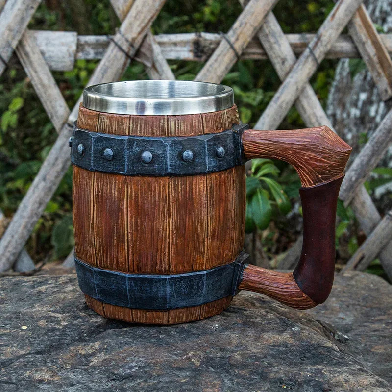 Viking Wood Barrel Beer Mug with Rivet Leather Viking Style Resin Stainless Steel Tankard Coffee Wine Cup Christmas Men's Gift