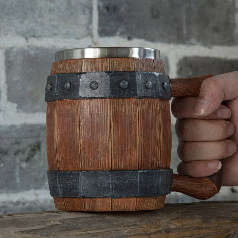 Viking Wood Barrel Beer Mug with Rivet Leather Viking Style Resin Stainless Steel Tankard Coffee Wine Cup Christmas Men's Gift