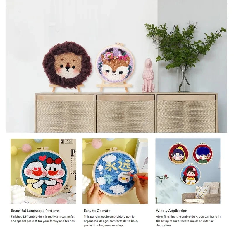 Diy Punch Needle Embroidery Starter Kits Animal Pattern Sewing Kit Funny Easy Yarn Painting Arts DIY Needlework Set For Beginner