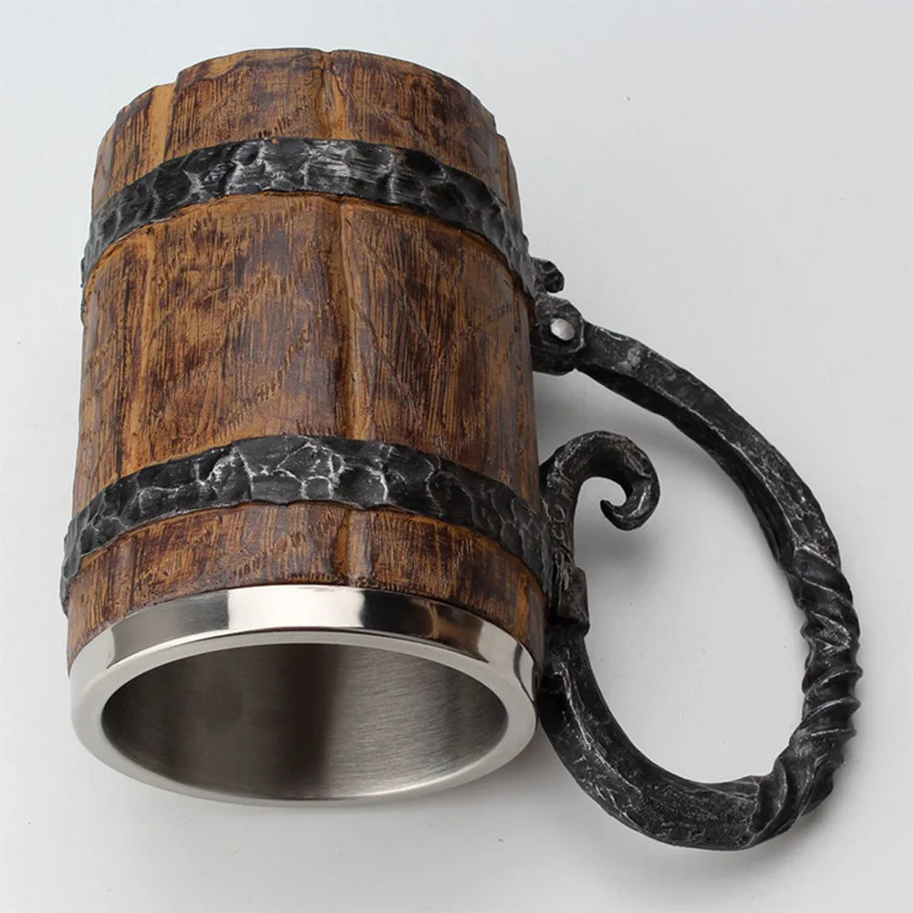 Simulation Wooden Barrel Beer Mug Stainless Steel Liner Beer Stein Viking Cup for Men Coffee Beverage Juice for Bar Restaurant