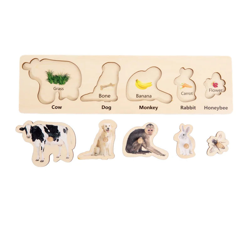 Montessori Educational Toys Wood Puzzle Animal and Food Matching Game Children Hand-Eye Coordination Fine Motor Skill Exercise
