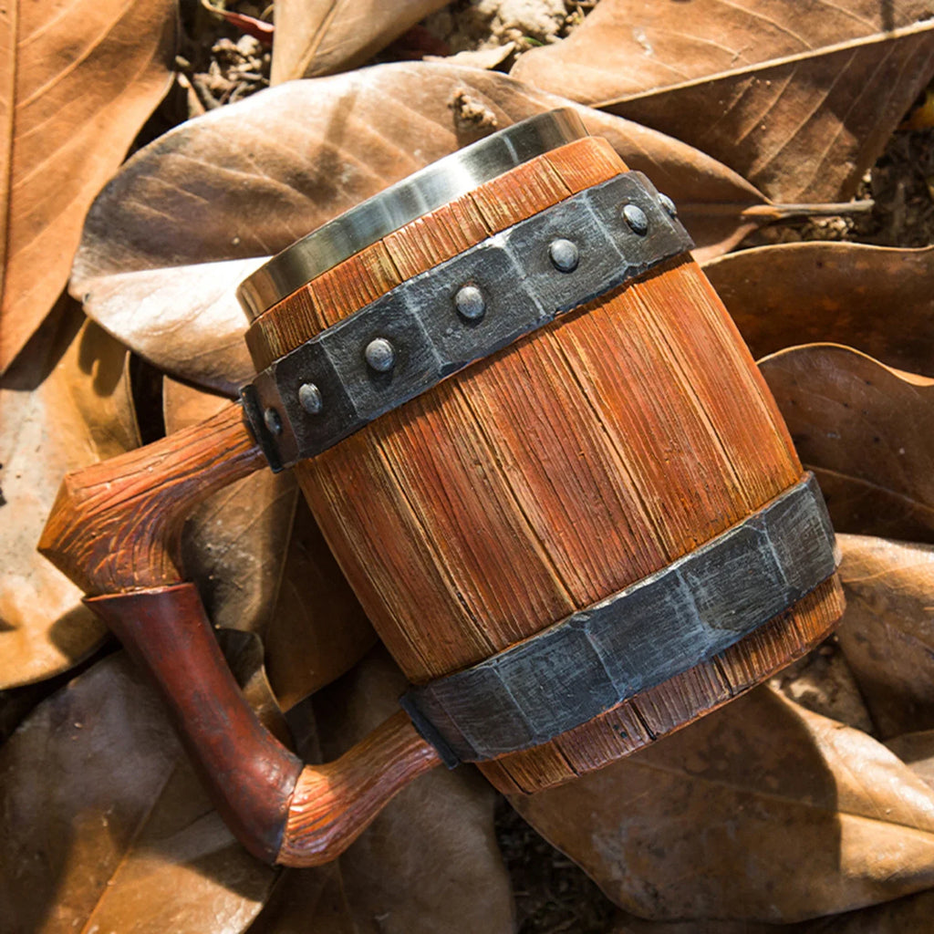 Viking Wood Barrel Beer Mug with Rivet Leather Viking Style Resin Stainless Steel Tankard Coffee Wine Cup Christmas Men's Gift