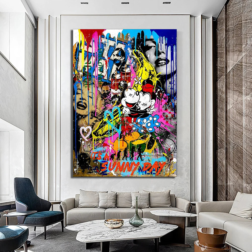 Banksy Mickey and Minnie Mouse Street Graffiti Poster Pop Wall Art Canvas Painting Print Abstract Picture for Home Decor Cuadros