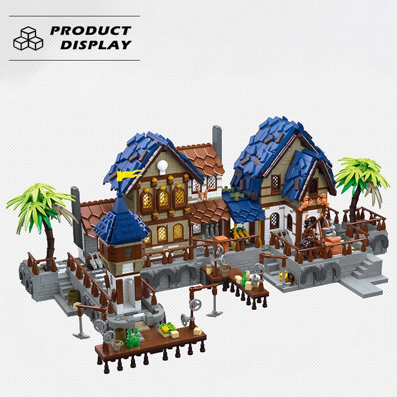 MOC Medieval Harbor Pirate Port Town Building Blocks Set Pier Sailboat Transport Village Toys For Children Birthday Holiday Gift
