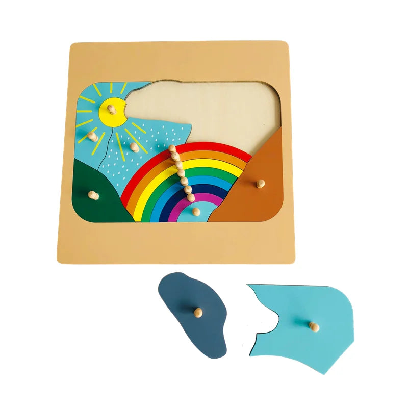 Montessori Educational Toys Wood Rainbow Puzzle for Kids Weather Learning Resource Knobbled Jigsaw Logical Thinking Game
