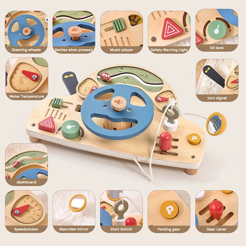 Baby Montessori Toys Wooden Steering Wheel Busy Board Wooden Sensory Car Block Toy Toddlers Preschool Early Education Gift