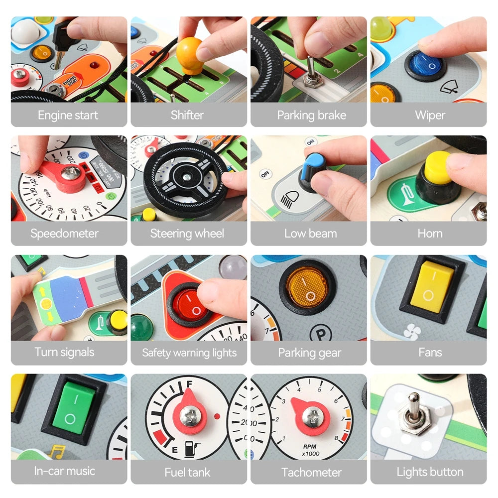 Kids Montessori Wooden Car Steering Wheel Toys Analog Circuit Driving Game Children Puzzle Driving Learning Finger Sensory Toys