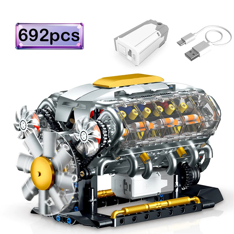 MOC Technik Electrically Driven V8 Engine Model Car Building Blocks Set Creative Educational Toys Christmas Gifts For Boys Kids