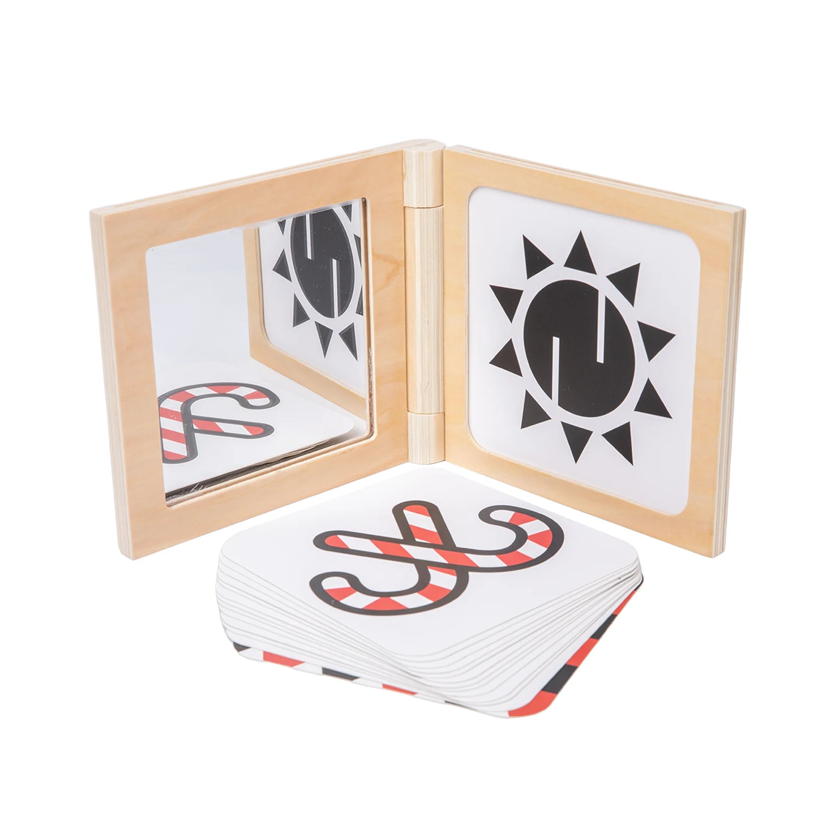 Montessori Baby Toys Foldable Wooden Book Frame w/ Mirror Black and White Cards Tummy Time Book Senory Game Newborn Gift