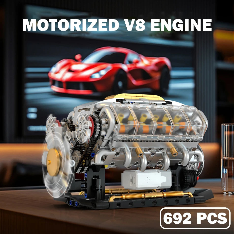 692 PCS MOC Technical Motorized V8 Engine Model Building Blocks Car Electrically Driven Engine Supercar Bricks Toys for Kid Gift