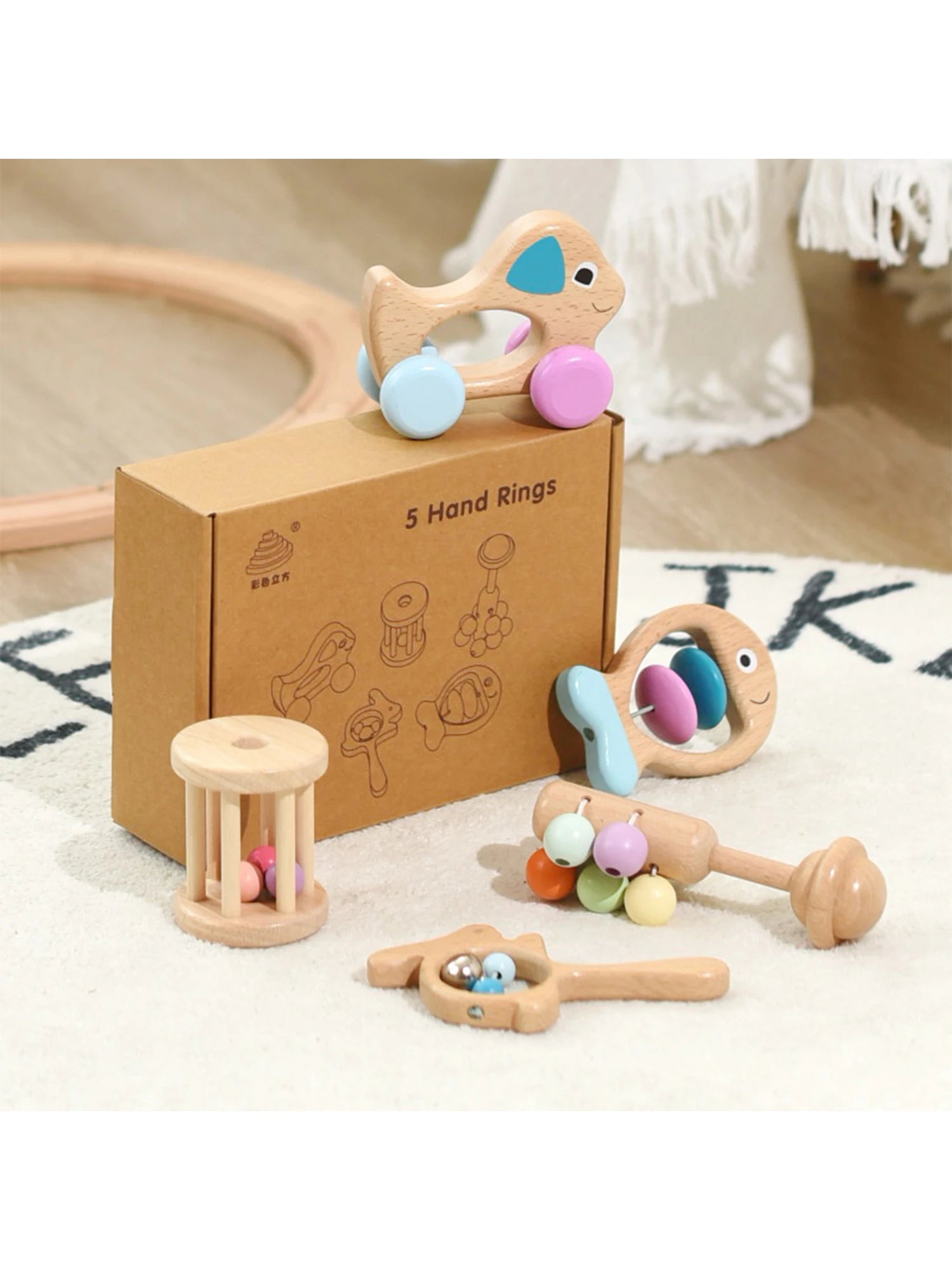 5 Pcs Wooden Montessori Toys Infants Children Can Chew Hand Rattles Toy Preschool Education Hearing Training Birth Gift Toys