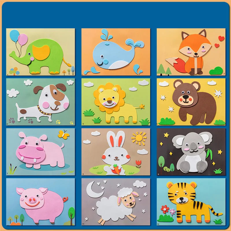 12 Pcs/Set 3D EVA Foam Handmade Sticker Cartoon Animal Vehicle Style DIY Stickers for Kindergarten Kids Gift