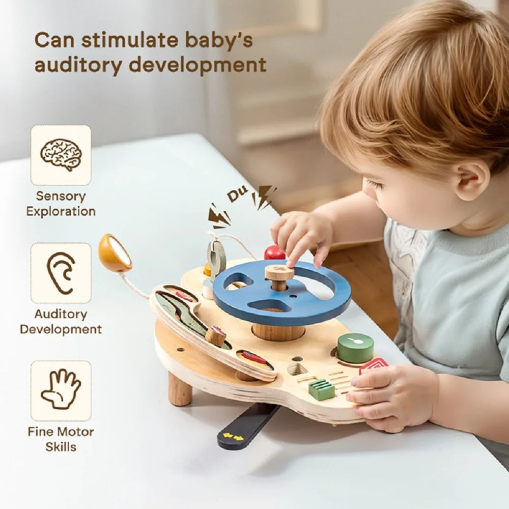 Baby Montessori Toys Wooden Steering Wheel Busy Board Wooden Sensory Car Block Toy Toddlers Preschool Early Education Gift