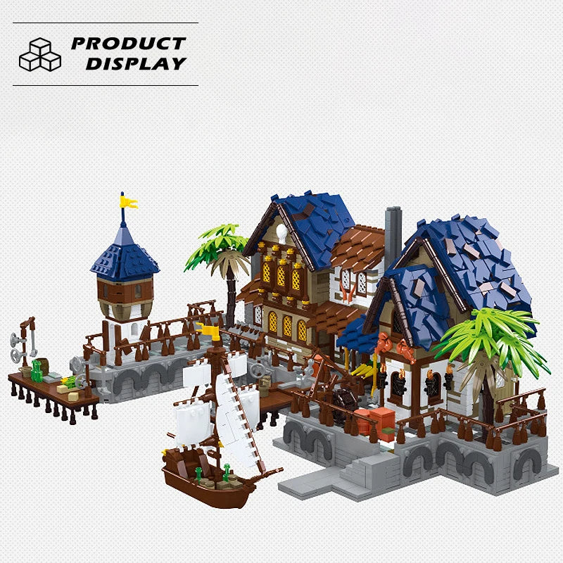MOC Medieval Harbor Pirate Port Town Building Blocks Set Pier Sailboat Transport Village Toys For Children Birthday Holiday Gift