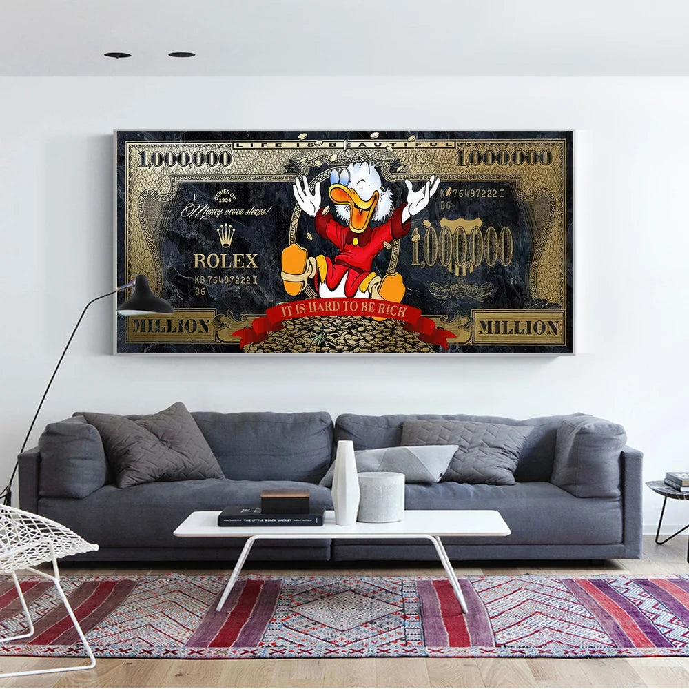 Gold Scrooge One Million Dollar Canvas Art Posters and Prints Donald Duck Fashion Luxury Painting on the Wall Art Picture Cuadro