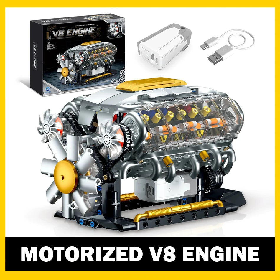 692 PCS MOC Technical Motorized V8 Engine Model Building Blocks Car Electrically Driven Engine Supercar Bricks Toys for Kid Gift