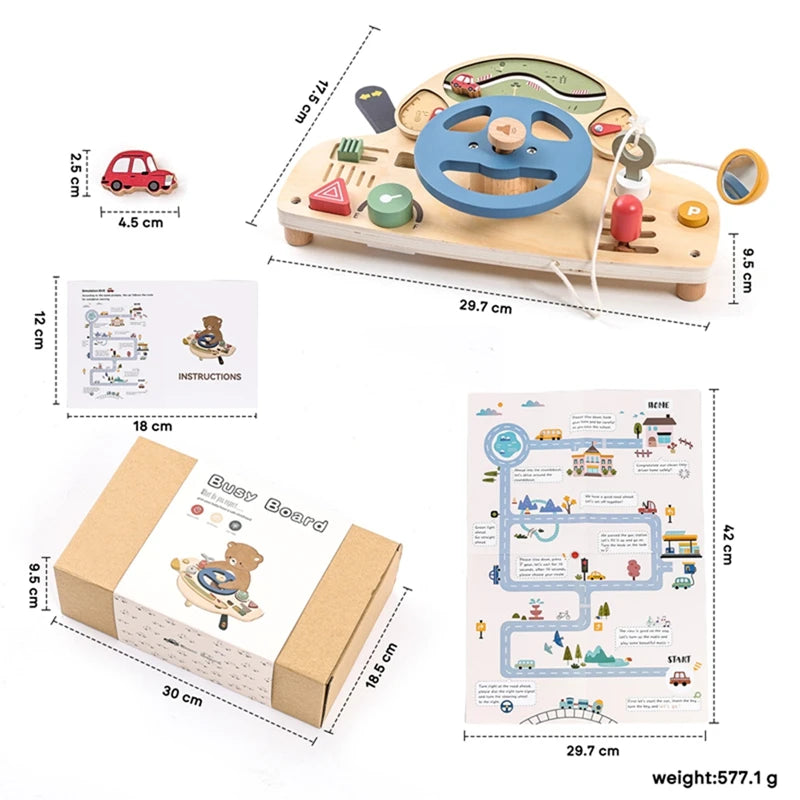Baby Montessori Toys Wooden Steering Wheel Busy Board Wooden Sensory Car Block Toy Toddlers Preschool Early Education Gift