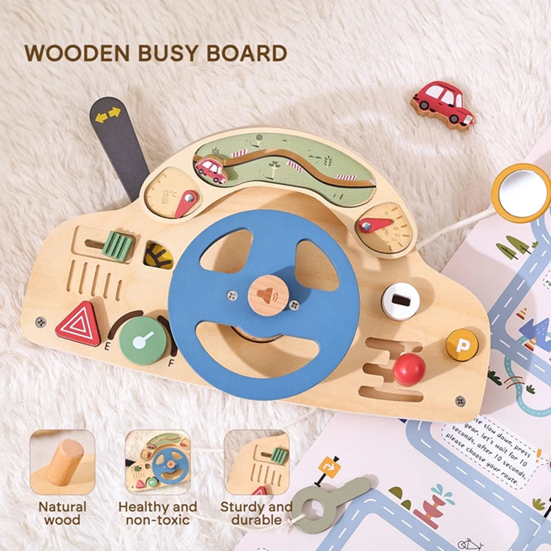 Baby Montessori Toys Wooden Steering Wheel Busy Board Wooden Sensory Car Block Toy Toddlers Preschool Early Education Gift