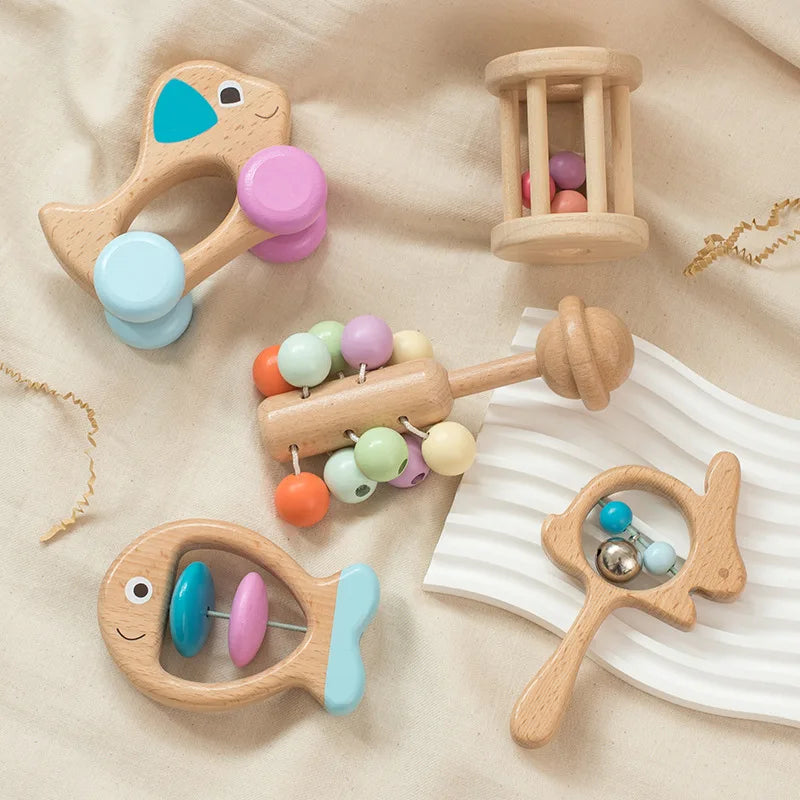 5 Pcs Wooden Montessori Toys Infants Children Can Chew Hand Rattles Toy Preschool Education Hearing Training Birth Gift Toys