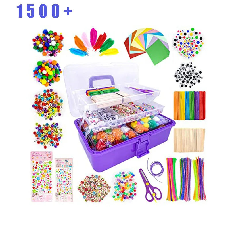 1500Pc Color DIY Kid Tinkering Craft Kit Set Glitter Crystal Stick Pipe Cleaner Storage Art Supply for Girl Gift Educational Toy