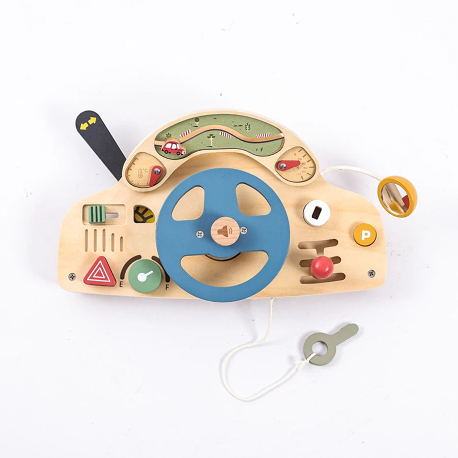 Baby Montessori Toys Wooden Steering Wheel Busy Board Wooden Sensory Car Block Toy Toddlers Preschool Early Education Gift