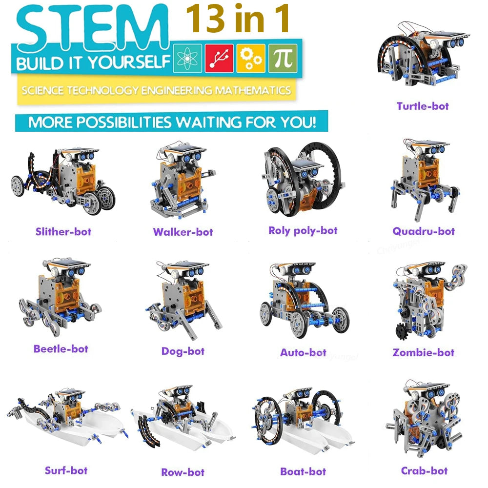 13-in-1 Solar Robot Kits DIY Assembling Science Experiment Kits STEM Educational Toys for Kids Age 8+ Solar Powered Robotic Set