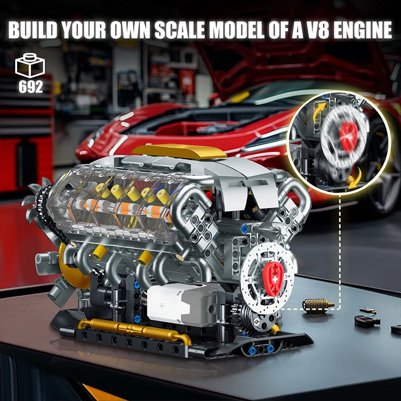 MOC Technik Electrically Driven V8 Engine Model Car Building Blocks Set Creative Educational Toys Christmas Gifts For Boys Kids