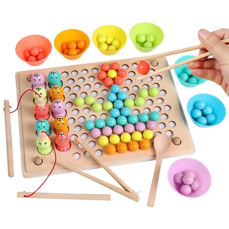 Wooden Fishing Memory Chess Beads Three-In-One Puzzle Game Exercising Baby Hand-Eye Coordination Toy Educational Montessori