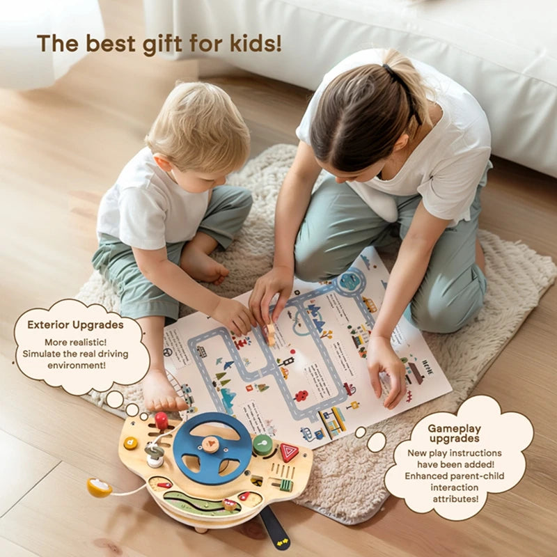 Baby Montessori Toys Wooden Steering Wheel Busy Board Wooden Sensory Car Block Toy Toddlers Preschool Early Education Gift