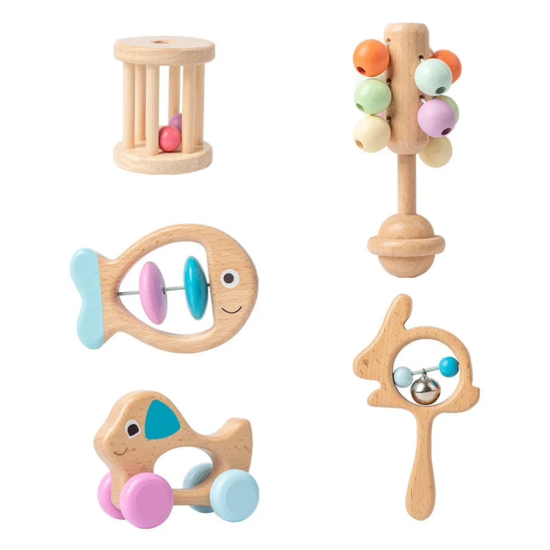 5 Pcs Wooden Montessori Toys Infants Children Can Chew Hand Rattles Toy Preschool Education Hearing Training Birth Gift Toys