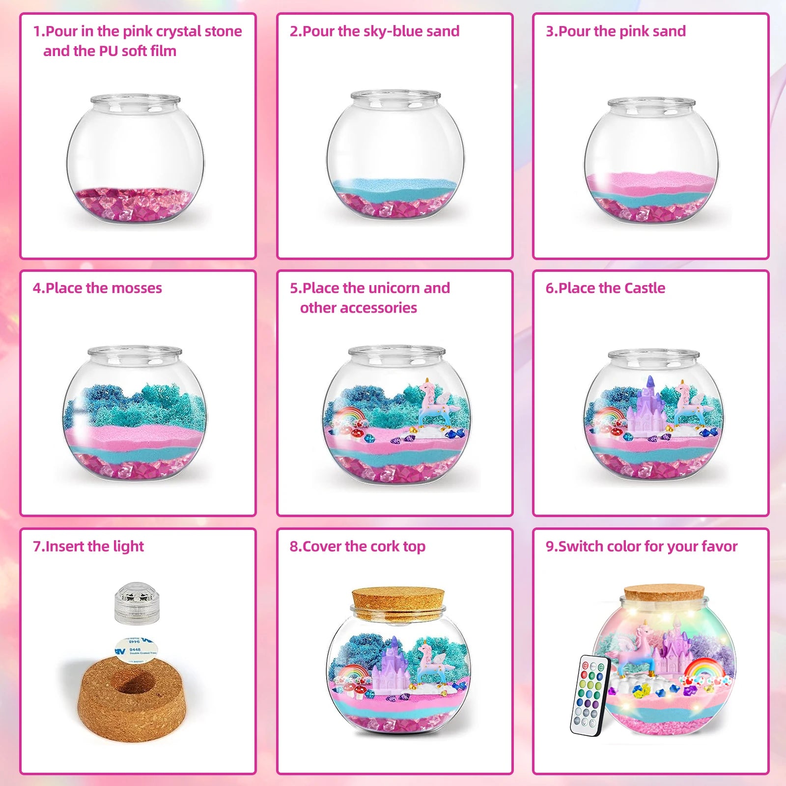 DIY Handmade Toys- Children's Radiant Unicorn Glass Container Set - DIY Unicorn Art and Crafts Toys - Birthday Gift for Girls