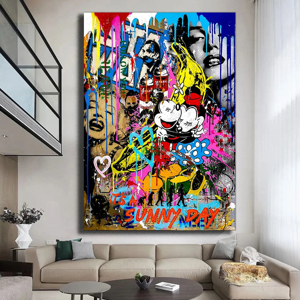 Banksy Mickey and Minnie Mouse Street Graffiti Poster Pop Wall Art Canvas Painting Print Abstract Picture for Home Decor Cuadros