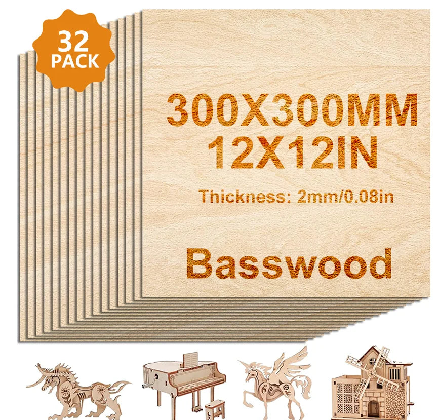4/8/16/32pieces of unfinished basswood plywood, 12x12 inches, 2mm thick, for DIY crafts, laser engraving, wood burning, model bu