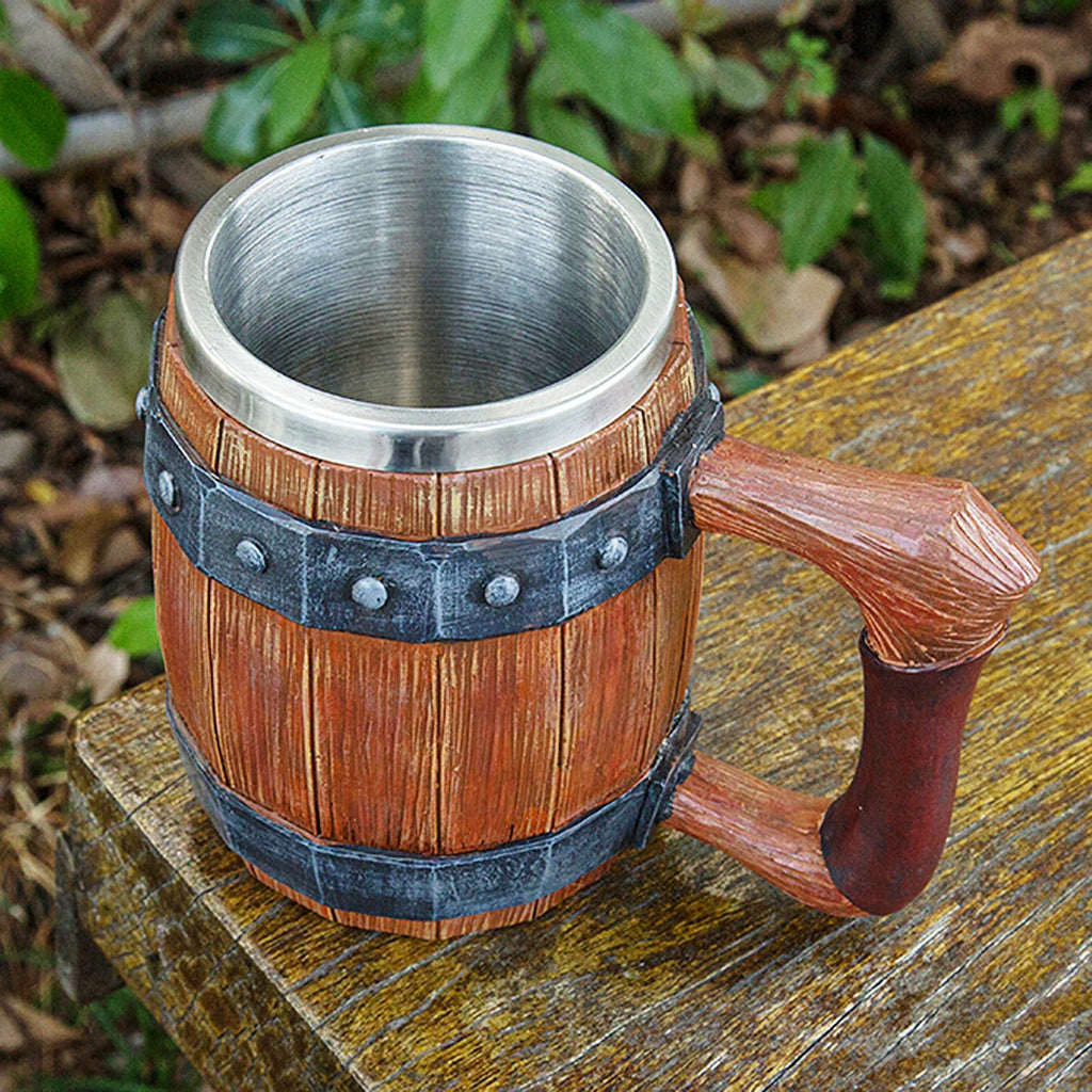 Viking Wood Barrel Beer Mug with Rivet Leather Viking Style Resin Stainless Steel Tankard Coffee Wine Cup Christmas Men's Gift