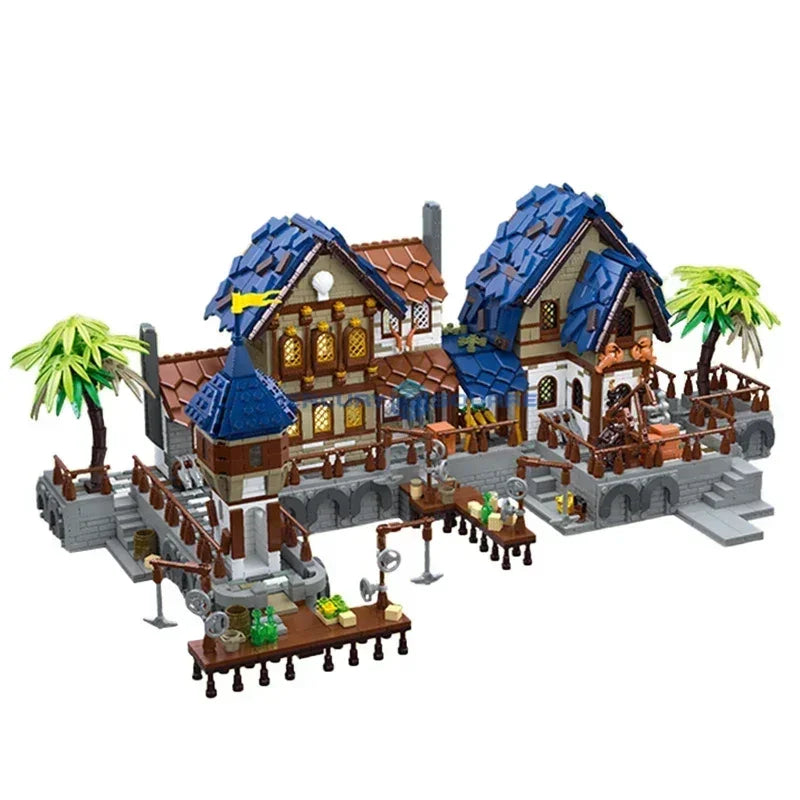 MOC Medieval Harbor Pirate Port Town Building Blocks Set Pier Sailboat Transport Village Toys For Children Birthday Holiday Gift