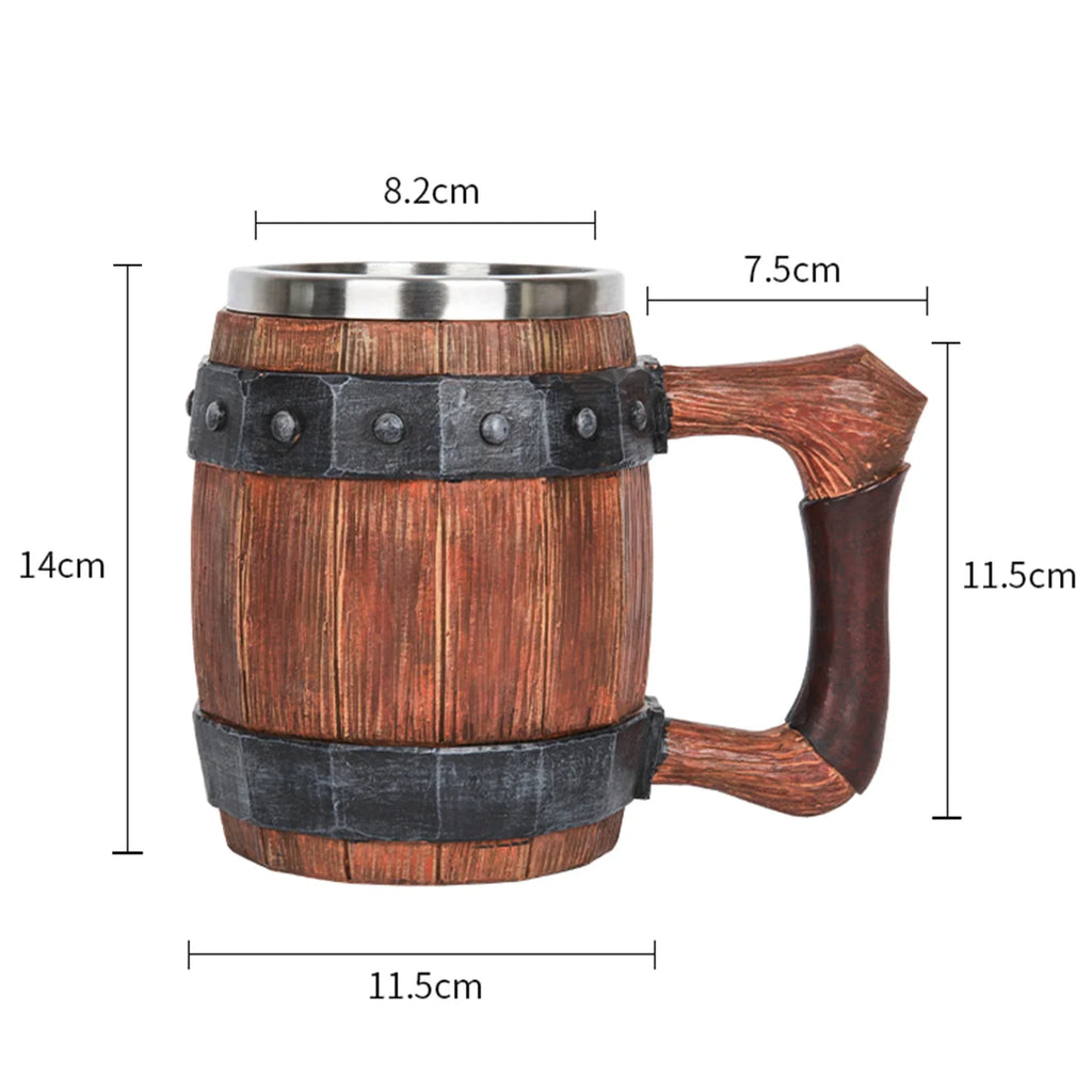 Viking Wood Barrel Beer Mug with Rivet Leather Viking Style Resin Stainless Steel Tankard Coffee Wine Cup Christmas Men's Gift