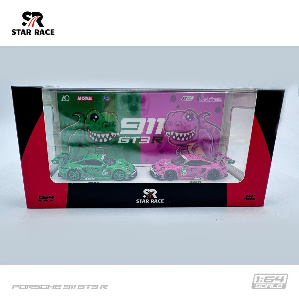 New In Stock Star Race 1:64 Porsche 911 Gt3 2023 Le Man Styrannosaurus Green Pink Car Alloy Miniature Diecast Model Custom Toy
