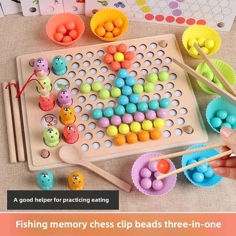 Wooden Fishing Memory Chess Beads Three-In-One Puzzle Game Exercising Baby Hand-Eye Coordination Toy Educational Montessori