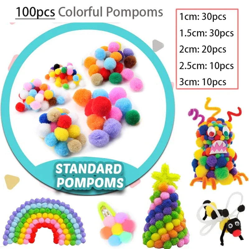 Kids Creative Plush Stick Pompoms Rainbow Colors Feather Eyes Sticker Educational DIY Toys Handmade Art Craft Devoloping Toys
