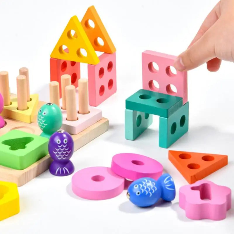 Children Four Post Geometric Modeling Building Blocks Montessori Toys Jigsaw Puzzle Teaching Aids Kids Wooden Toys