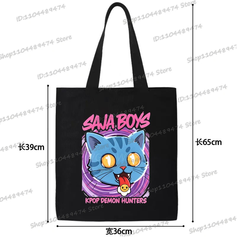 Women Men Cartoon KPop Demon Hunters Shopping Bag Funny Korean Ulzzang Canvas Tote Travel Handbags Beach Shoulder Bags