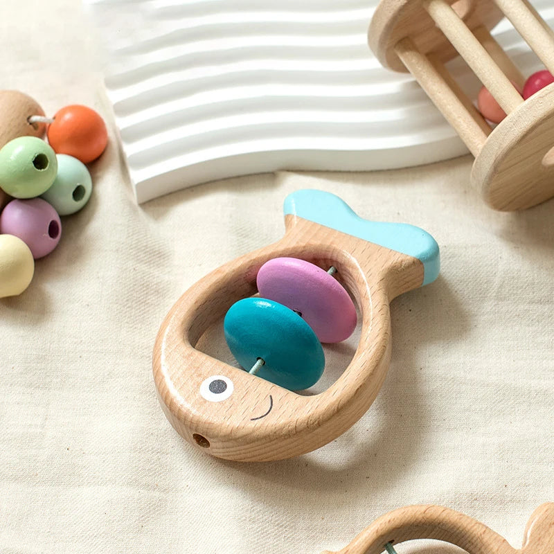5 Pcs Wooden Montessori Toys Infants Children Can Chew Hand Rattles Toy Preschool Education Hearing Training Birth Gift Toys